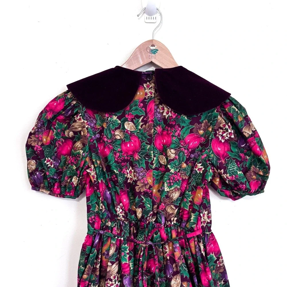 Youngland Traditions‎ Vintage Fruit Print Harvest Dress Girls 8 Burgundy Lace